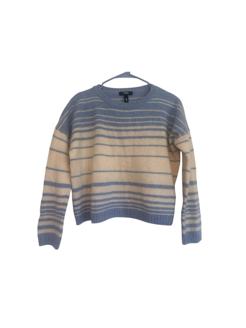 Aqua 100% Cashmere Stripes Sweater Womens Large Blue Crew Neck Preppy Old Money